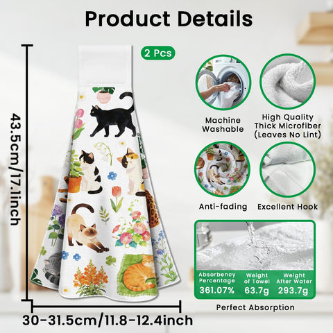 CUTHOLLOW 2 Pcs Colorful Funny Cats and Floral Hanging Kitchen Towels with Loop