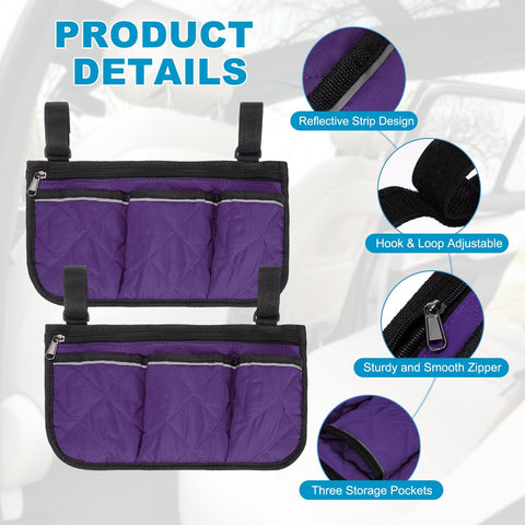 YELARXI Beach Chair Armrest Bag, Beach Side Bag Hanging Storage Organizer with Reflective 4 Pockets Waterproof Pouch 13 x 7" & 2Pcs & Purple
