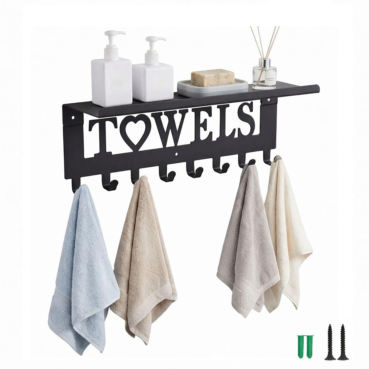 Raoletin Metal Hot Tub Towel Rack Wall Mounted Towel Holder with Shelf and 8 Towels Hooks for Bathrooms