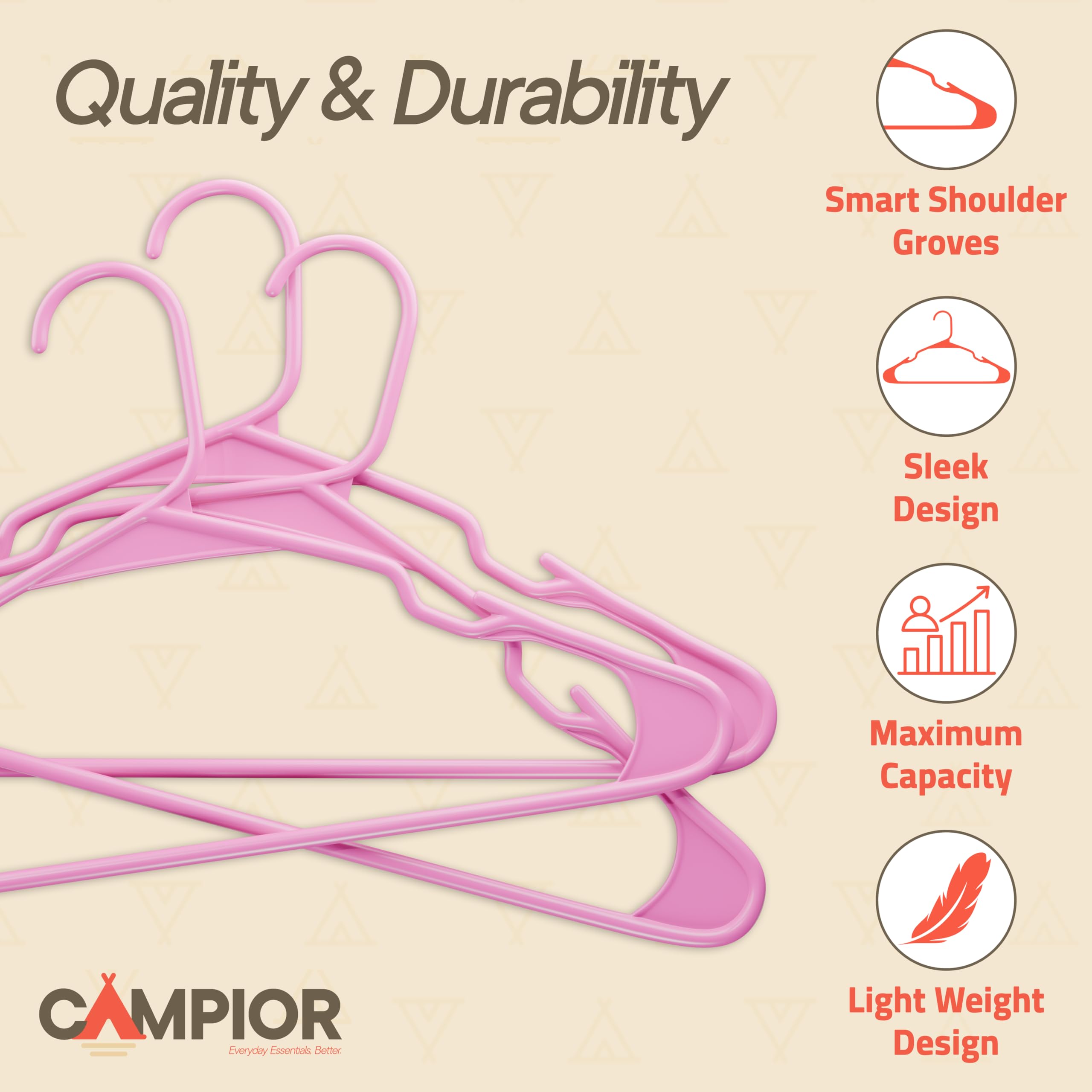 Campior Pink Plastic Hangers 10 Pack Heavy-Duty, Space-Saving, Non-Slip, Durable & Lightweight PP Hangers for Clothes