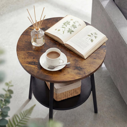 Small Round Side Table, 2-Tier Coffee Table with Storage Shelf