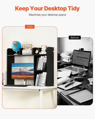 VEVOR Desktop Bookshelf, 2-Tier Desktop Storage Organizer, 37.2" x 9.5" x 28.9" Office Storage Rack Wood Display Shelf