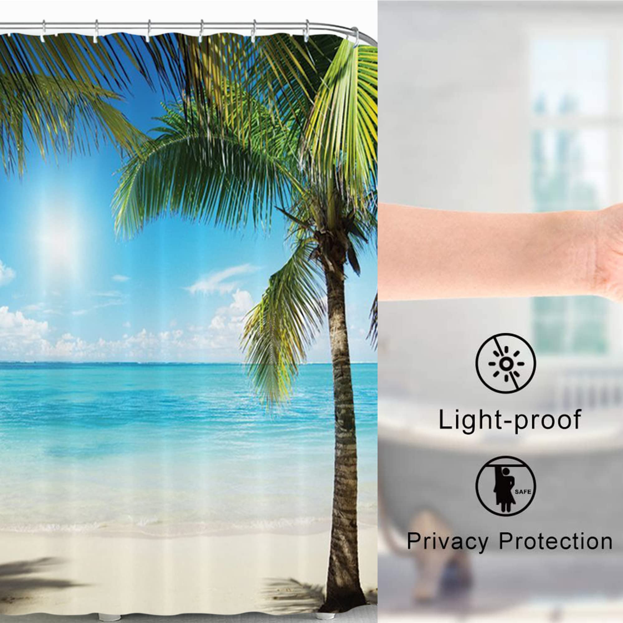 NiCoLa Shower Curtain Beach Scene Curtains for Bathroom Shower with 12 Hooks, 3D Waterproof Shower Curtain