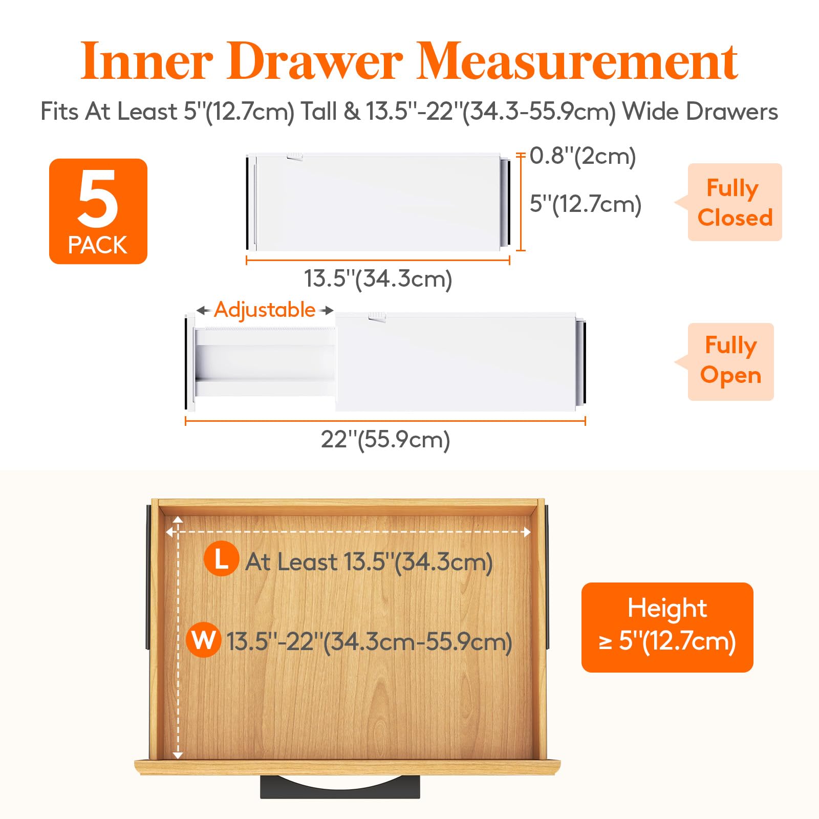 Lifewit 5 Pack 5" High Drawer Dividers 34-56cm/13.5-22" Adjustable Drawer Organiser for Clothes/Utensils, Expandable Kitchen Drawer Dviders