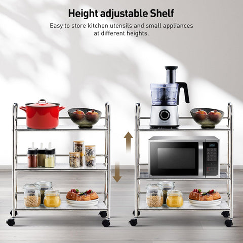 TUKAILAi 3 Tier Stainless Steel Utility Cart with Locking Wheels 35x60x75cm