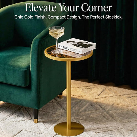 ZEXVIDA Gold Drink Table, Indoor Outdoor Small Round Side Table with Tempered Glass Top & Scroll Design