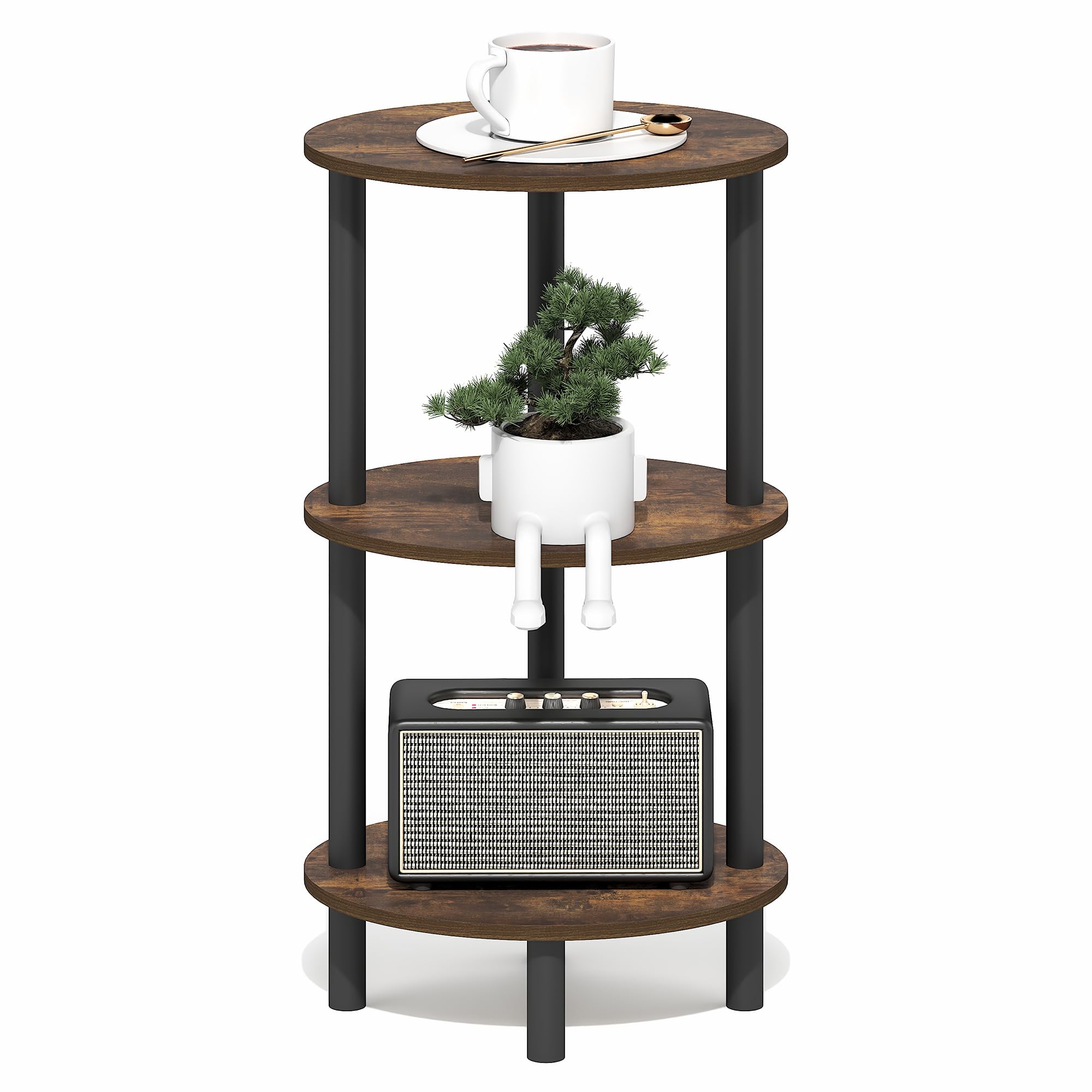 Furinno TURN-N-TUBE Side Table, 3-Tier Oval End Table, Night Stand, Bedside Table, for Living Room, Bedroom, Amber Pine/Black