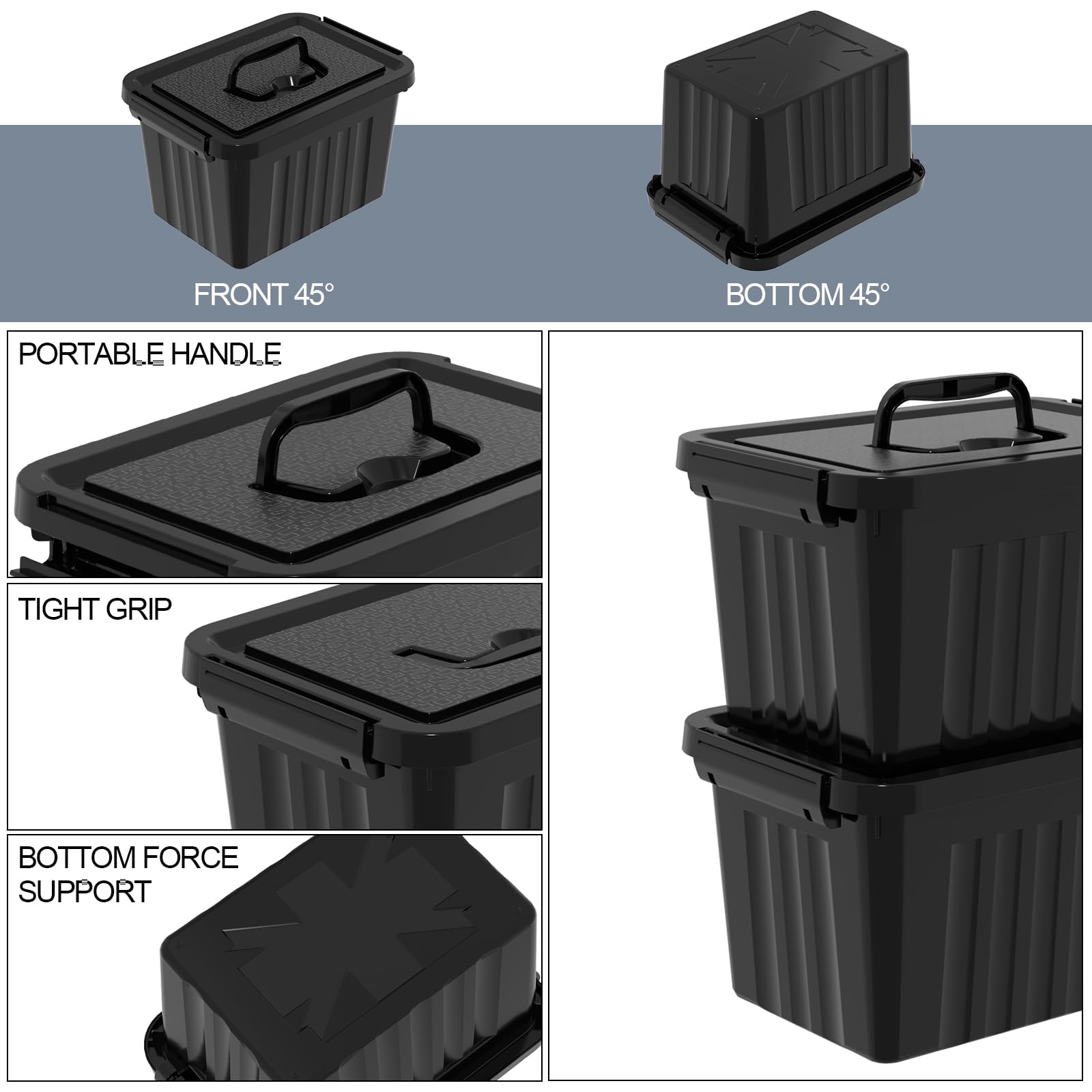 Xyskin 6L*6 Storage Boxes, Organizing Container with Handle and Secure Latching Buckles, Plastic Storage Box with Lid, Black
