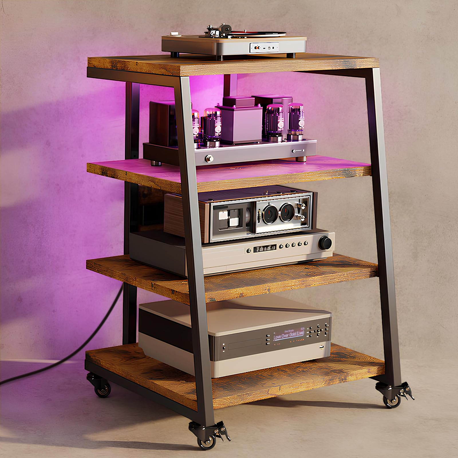 Vrietina HIFI Stand with Power Strips, Adjustable Shelf, LED Lights, Wheels