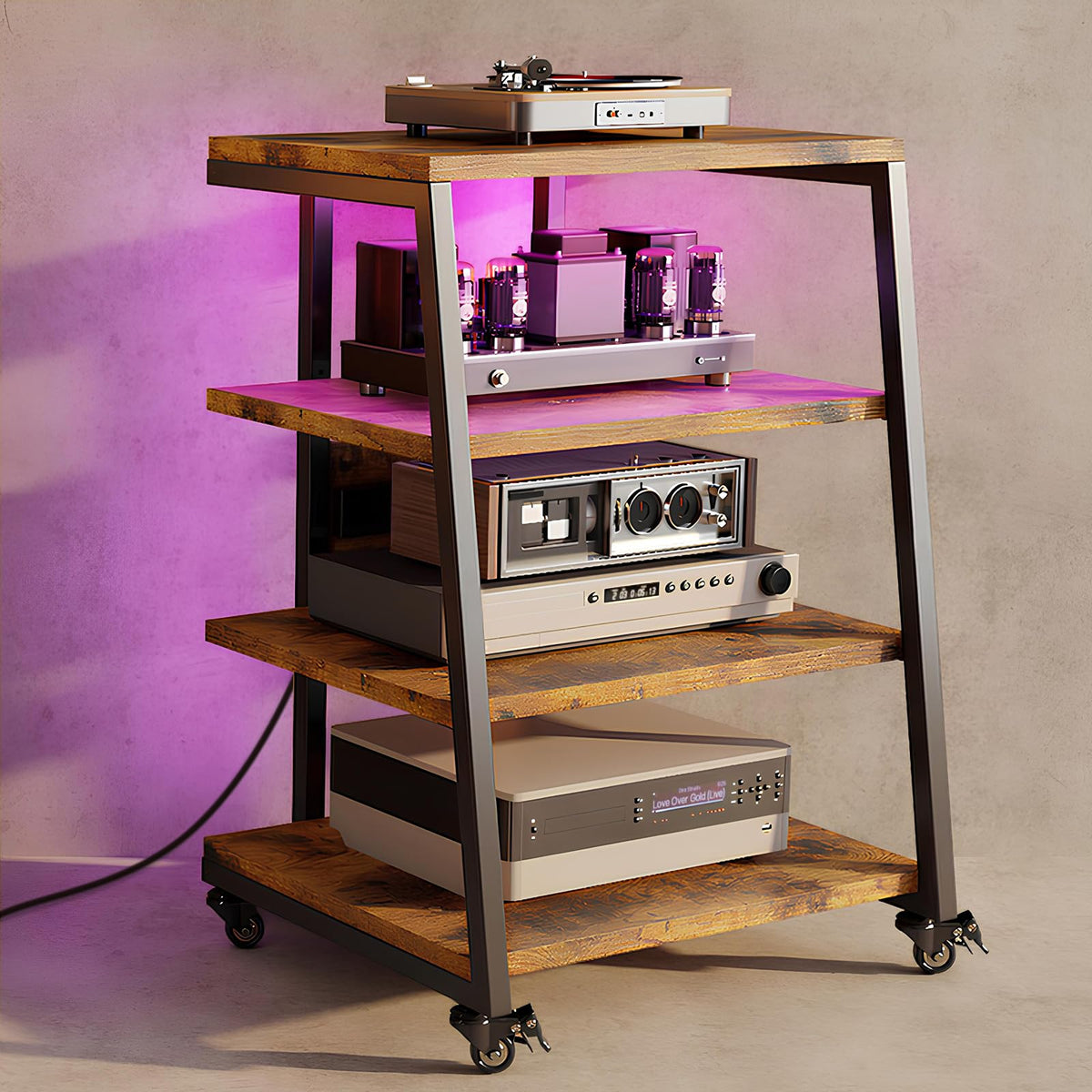 Vrietina HIFI Stand with Power Strips, Adjustable Shelf, LED Lights, Wheels