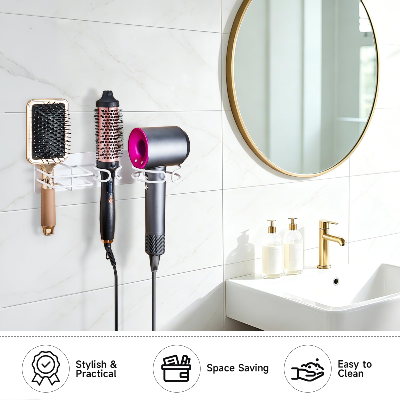 YYBO Hair Dryer and Straightener Holder Wall Mount Hair Dryer Holders, 3 in 1 Bathroom Hair Tool Organiser for Curling Iron