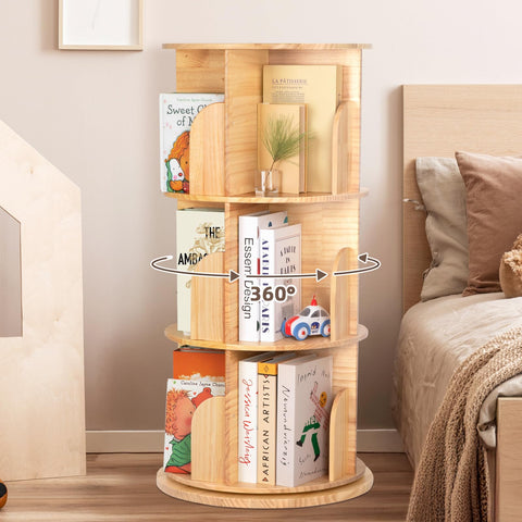 OOOK Solid Wood Rotating Bookshelf, 360 Degree 3 Tier Children's Revolving Bookcase, Kids Bookshelf for Small Space, Kids Room, Study, Nursery