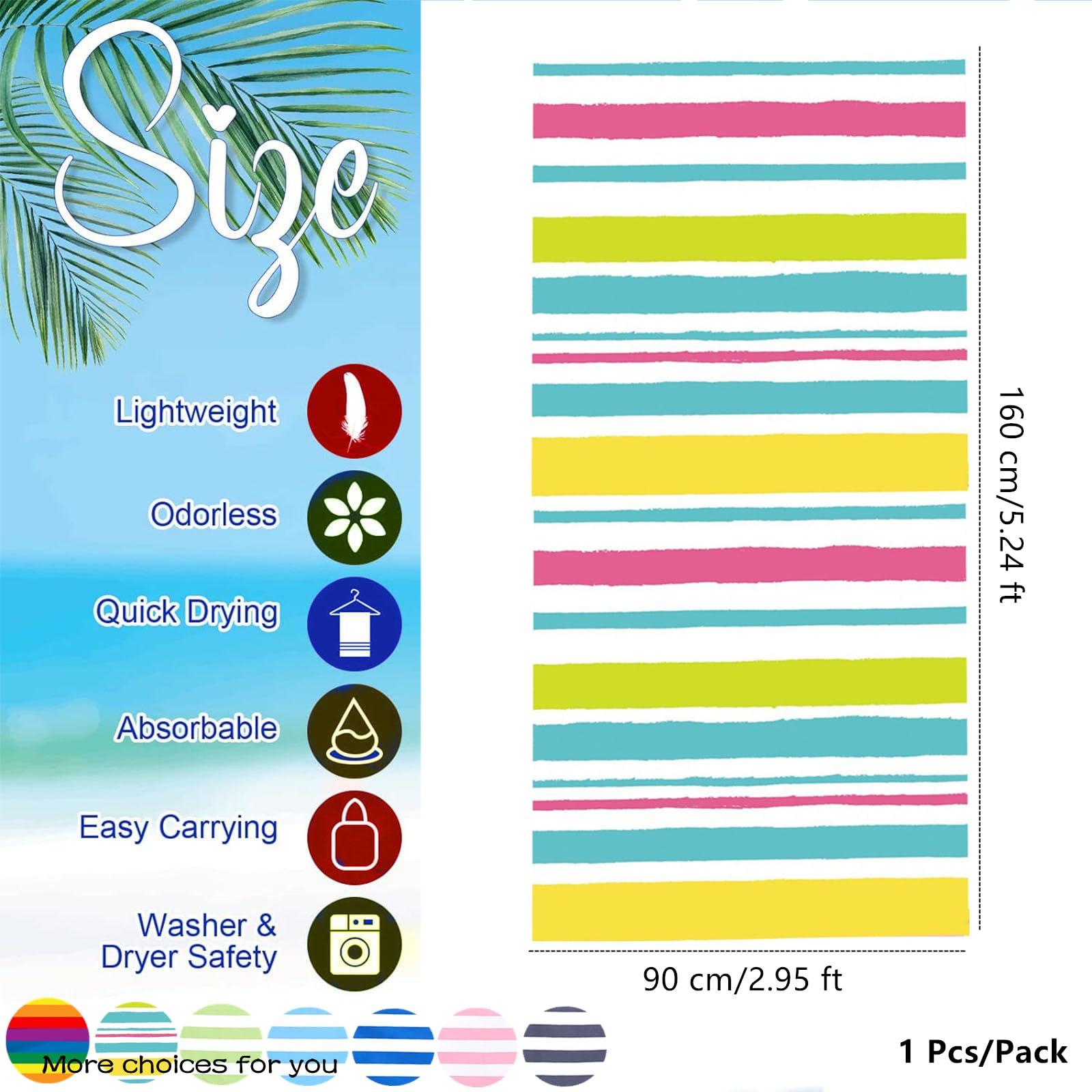 Large Microfibre Sand Free Beach Towel, 160x90cm Double Sided Striped, Lightweight Quick Dry Travel Swimming Towel with Bag