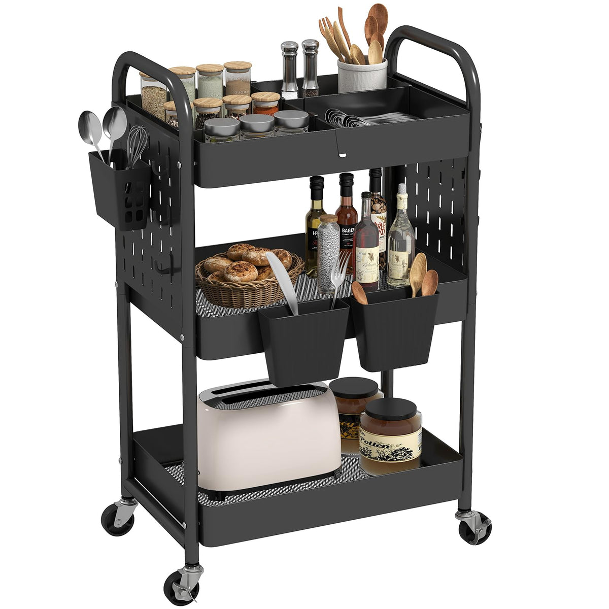 danpinera 3 Tier Rolling Cart, Metal Utility Cart with DIY Pegboard, Rolling Carts with 3 Dividers
