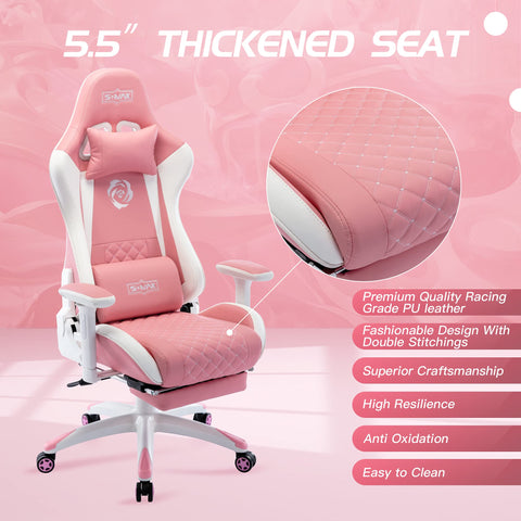 S*MAX Pink Gaming Chair with Footrest Thicken Seat Ergonomic Gaming Chairs with 3D Armrest PU Leather Headrest and Lumbar Support Racing Style High