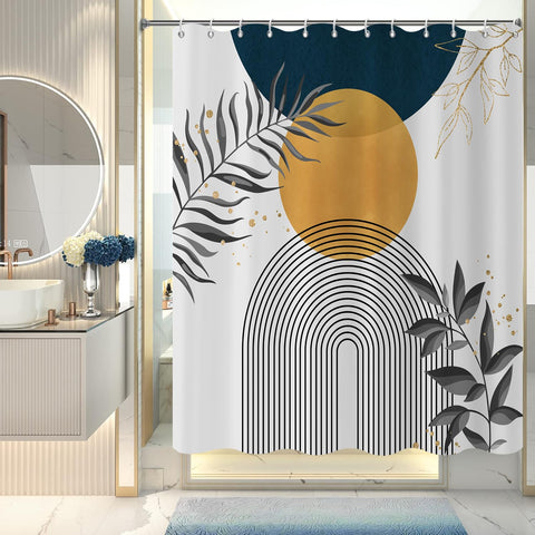 GCIREC Shower Curtain, 180x200cm, Navy Blue Yellow Boho Mid Century Modern Abstract with Minimalist Leaf Waterproof Fabric Machine Washable Bathroom