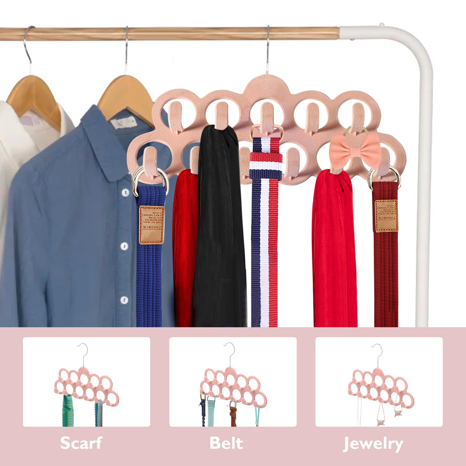 ManGotree Velvet Scarf Storage Hangers with 11 Loops and Hooks 2 Pack Pink