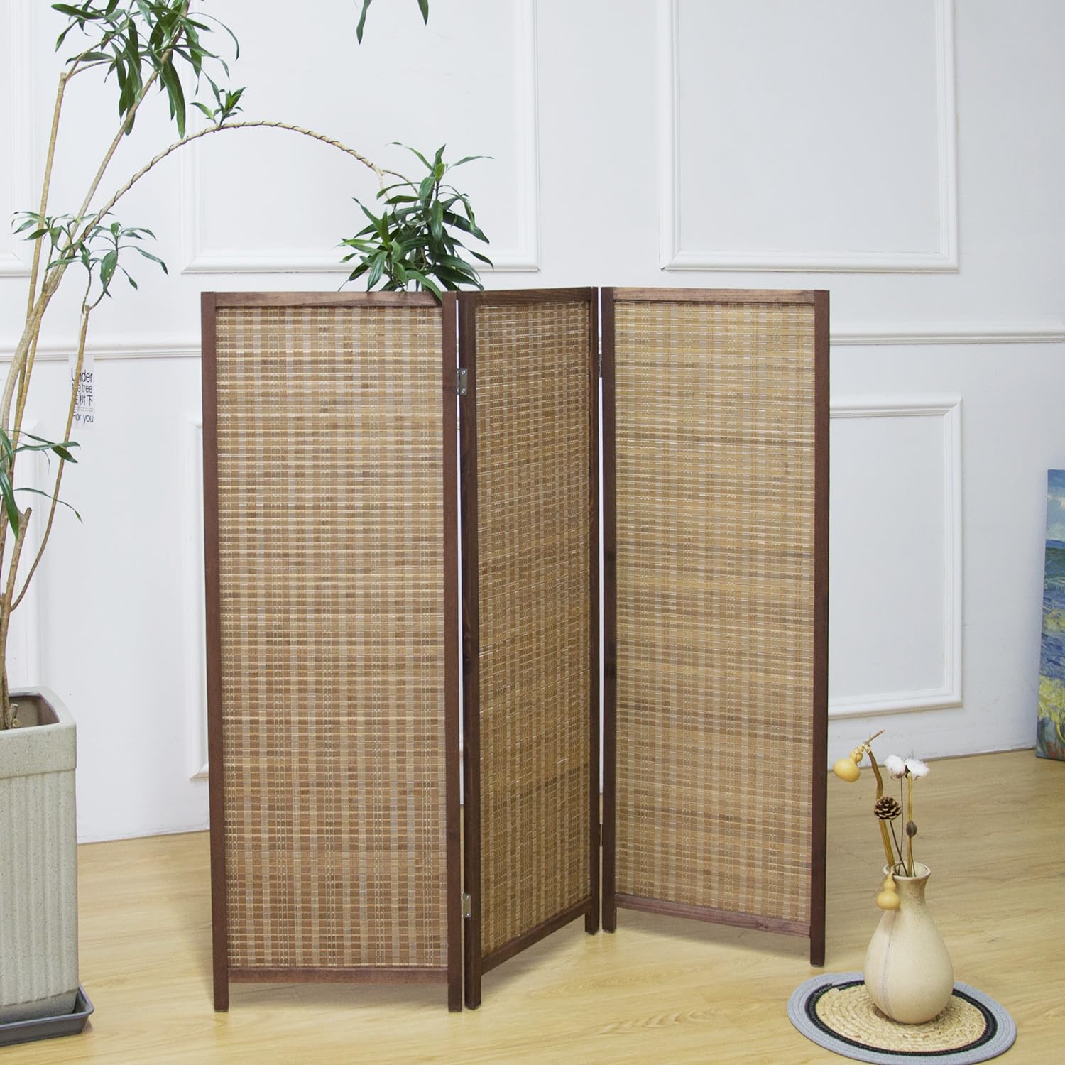 Furnnylane 3 Panel Bamboo Room Divider Short Folding Screen Divider,Double Sided Bamboo Divider Screen for Room Separation,Brown,120 cm H x 117 cm W