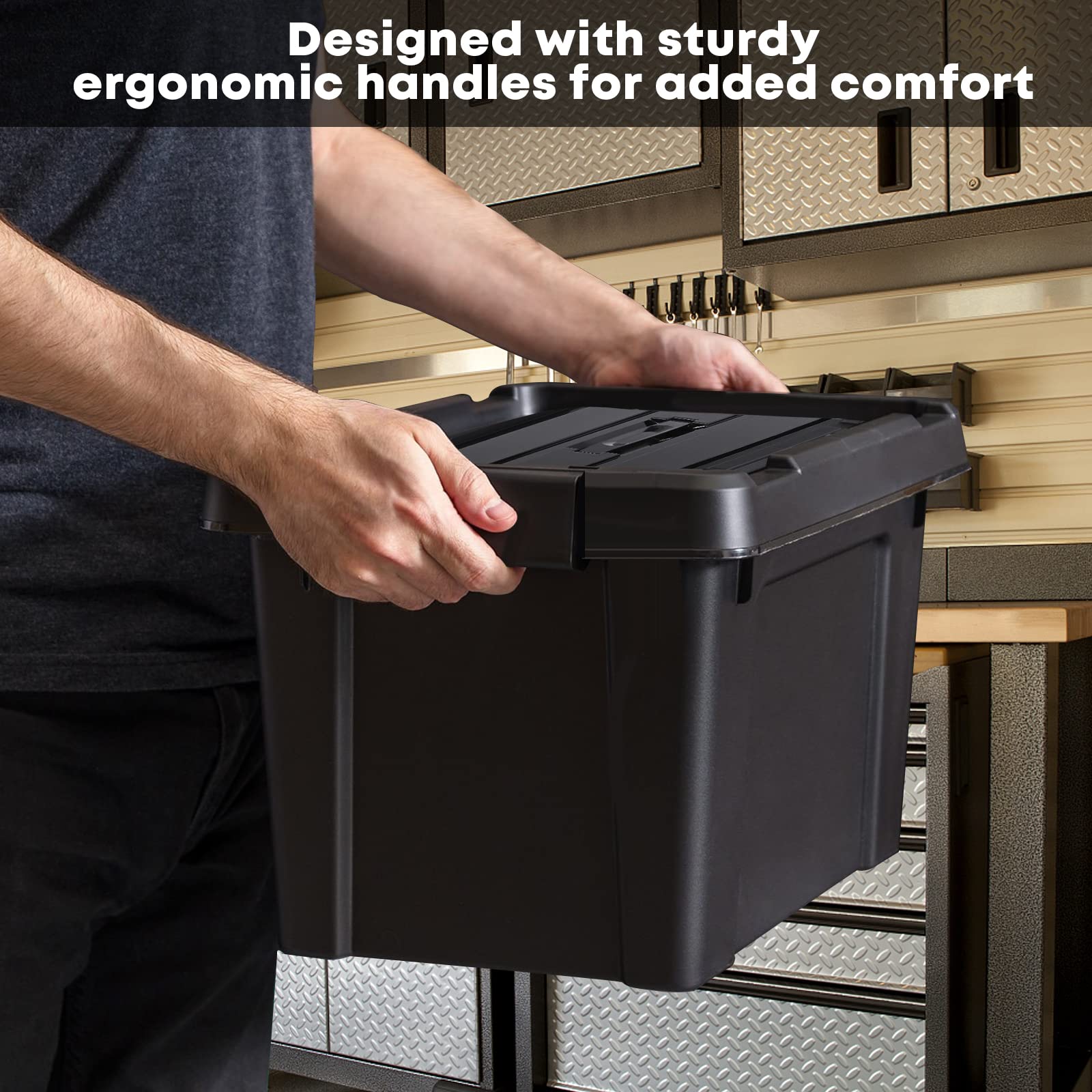 HOHAOO Storage Boxes,Set of 3 40L Heavy Duty Stackable Storage Boxes Nestable Black Plastic with Lids and Box Clip Locked for Shelves and Garage