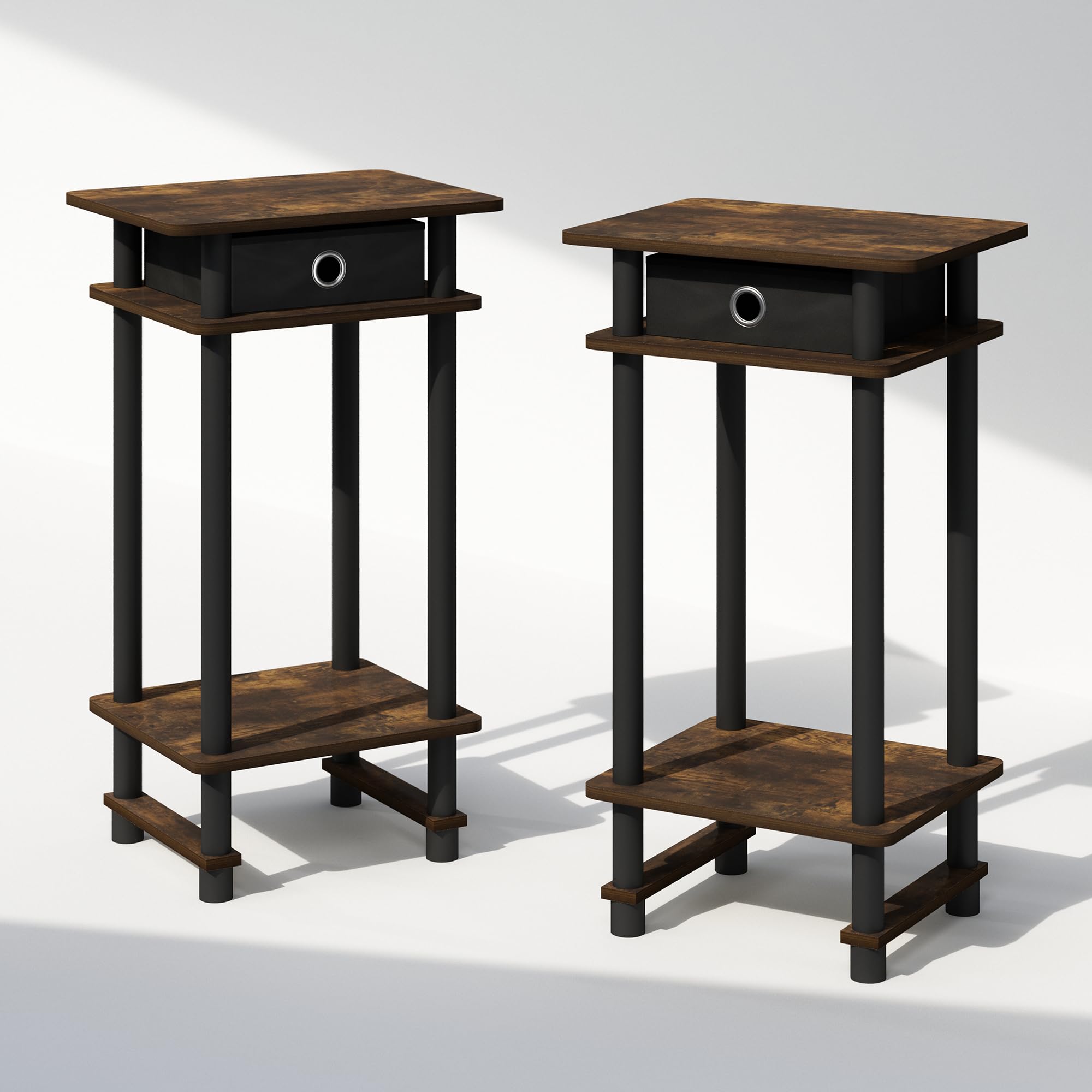 Furinno TURN-N-TUBE Night Stand Set of 2, 3-Tier Open Shelf Design Nightstand with Storage Bin, Tall Bedside Table, End Table, Side Table