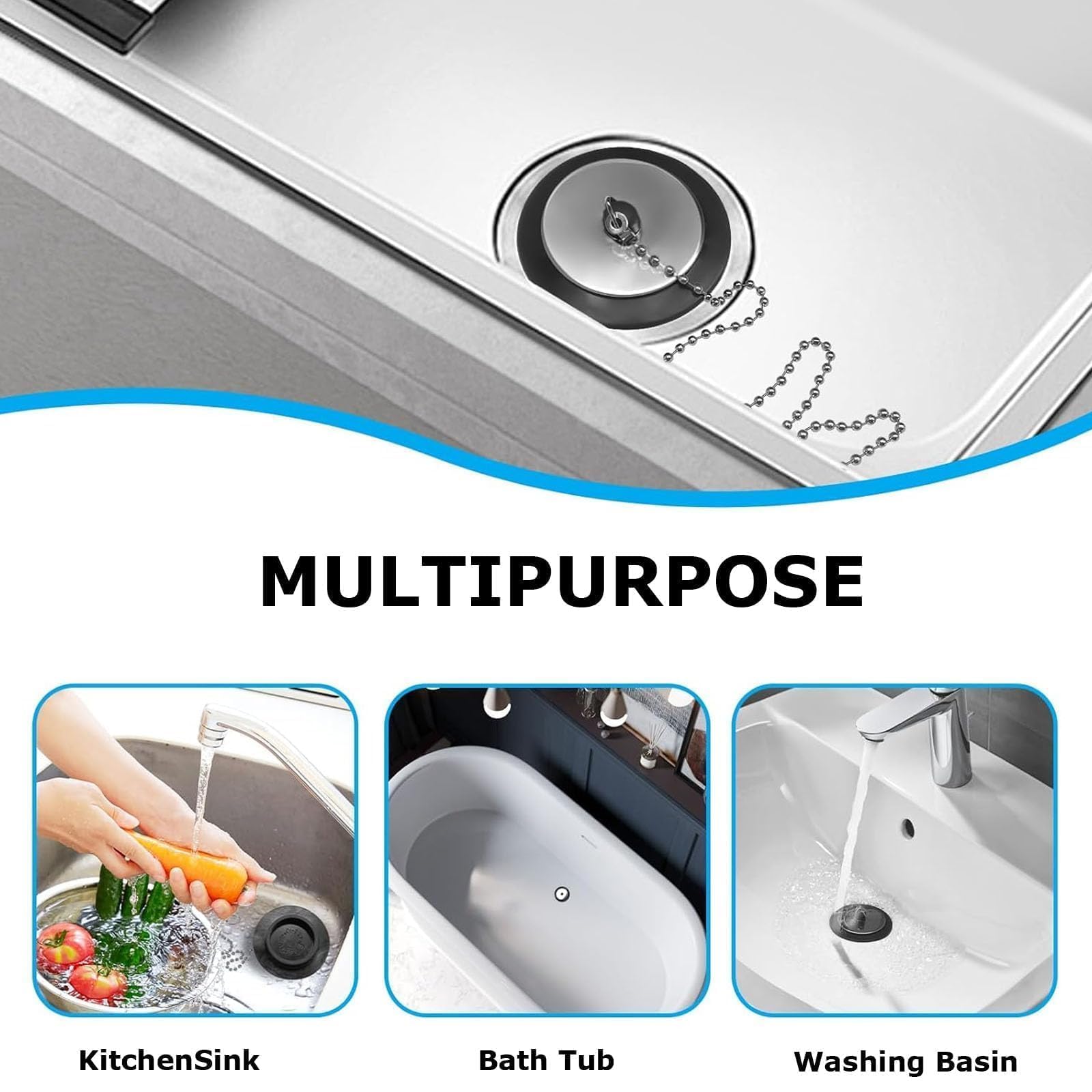 2 Pcs Universal bath plug with Stainless Steel Chain