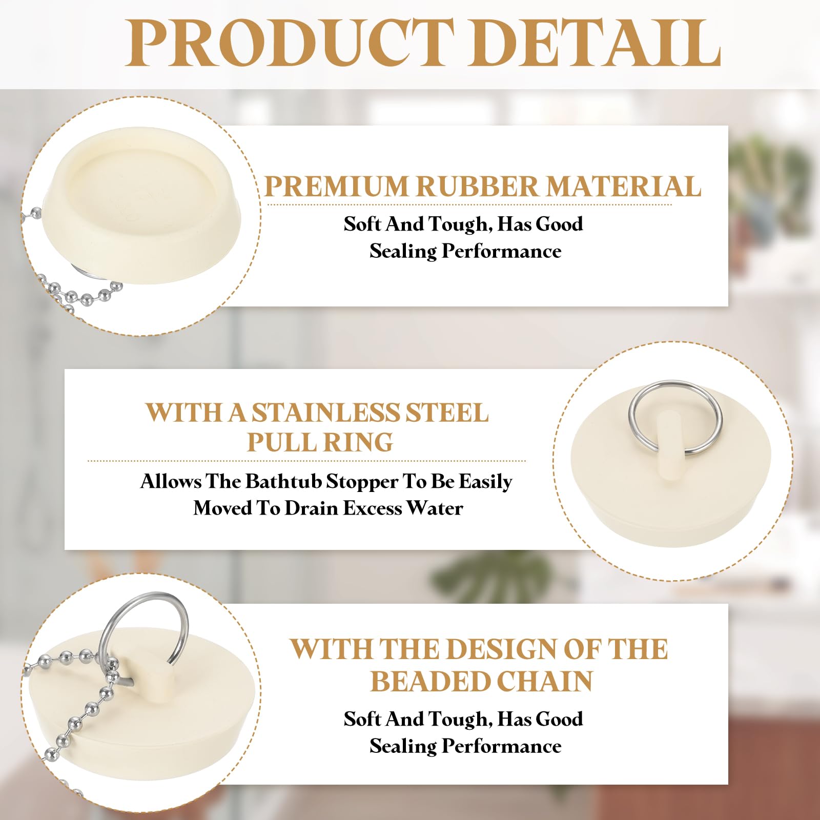 PATIKIL Tub Drain Stopper, 3Pcs for 1-3/4" Rubber Bath Tub Drain Sink Stopper with Pull Ring Stainless Steel Beaded Chain for Kitchen Sink Bathroom