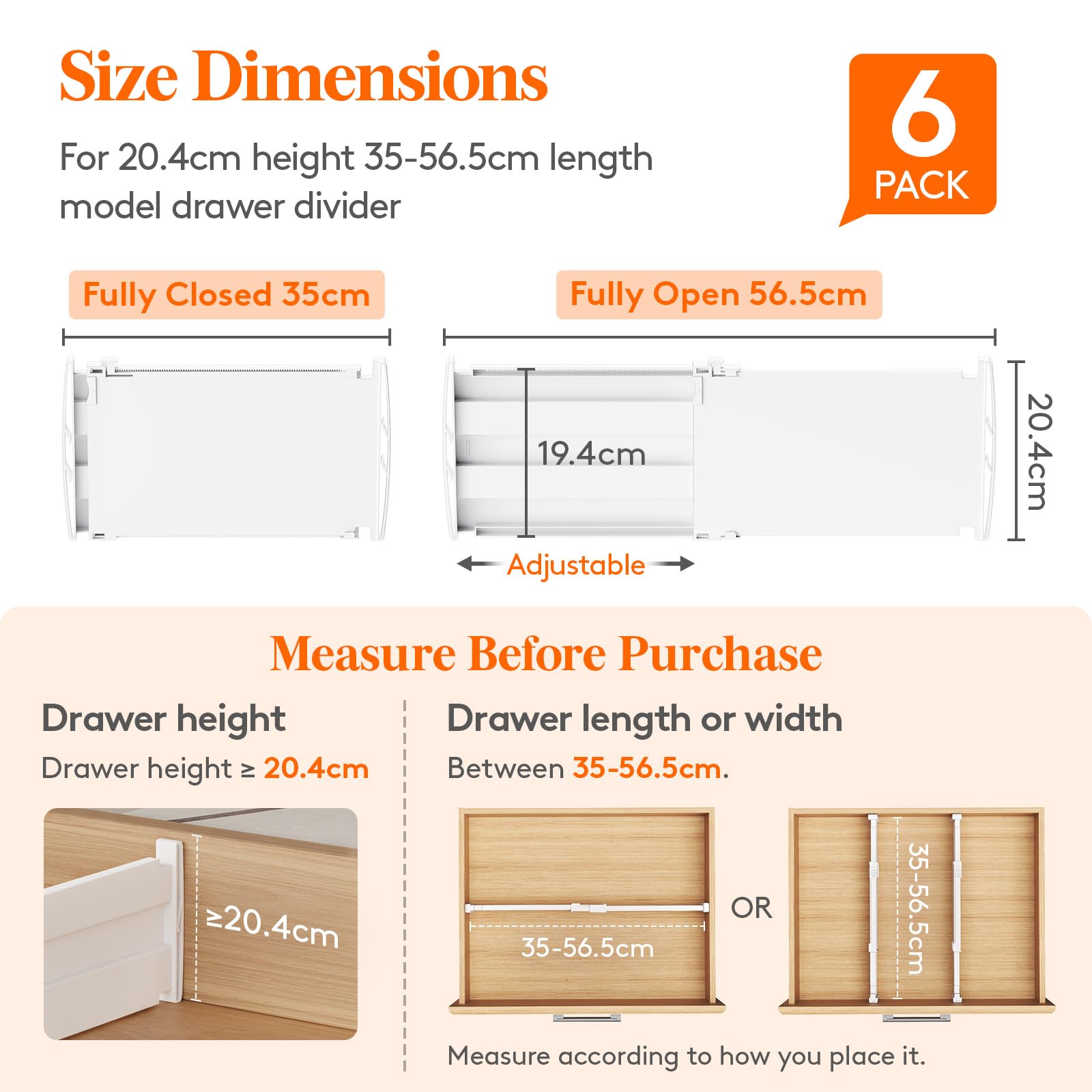 Lifewit 8" High 6 Pack Deep Drawer Dividers, 13.8-22.2" Expandable Drawer Organizer Clothes, Adjustable Kitchen Utensil Drawer Organiser