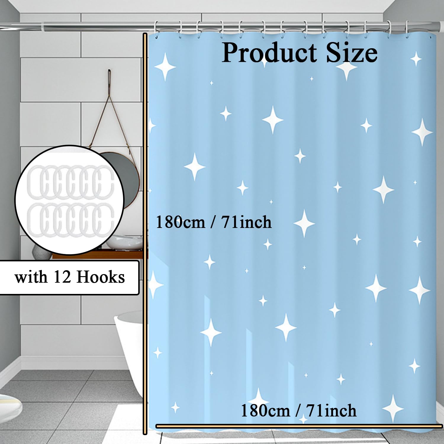 hzkais Shower Curtain, Mould Proof and Mildew Resistant Washable Bathroom Curtains, Shower Curtain for Bathroom, Bath Curtains with Hooks