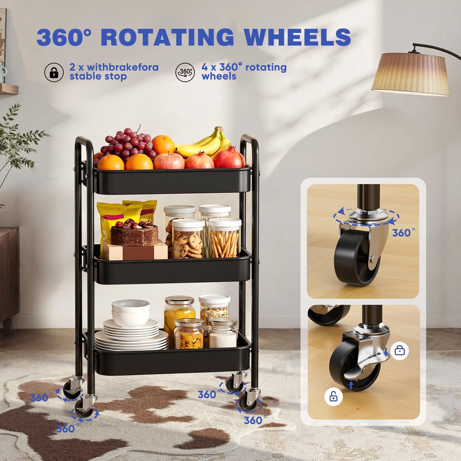 Abiglifty 3 Tier Metal Trolley, Kitchen Trolley on Wheels with Handle