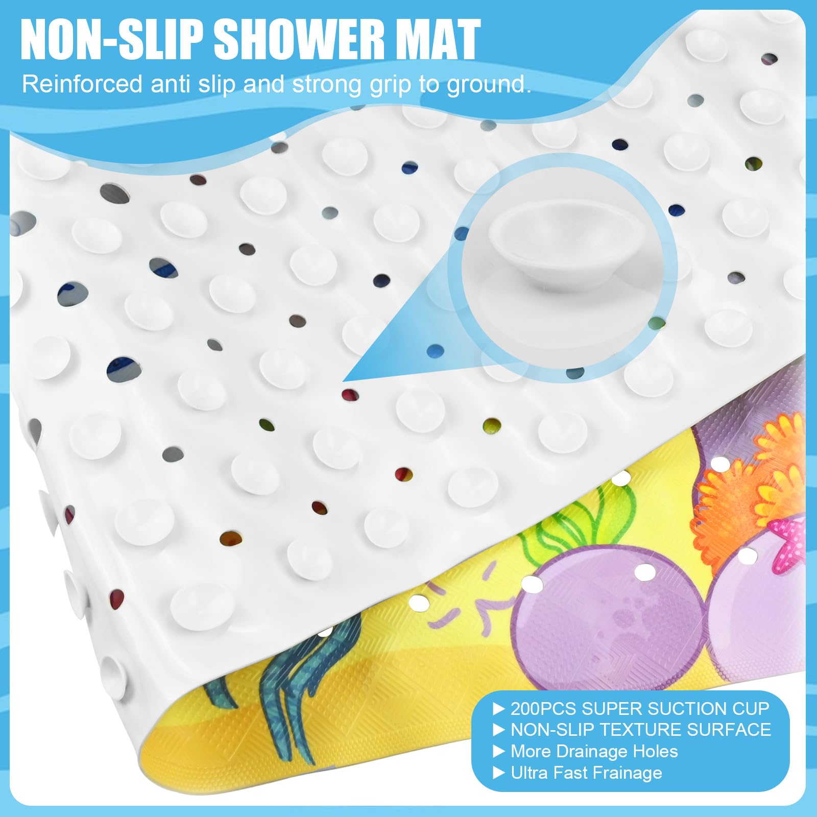 Baby Bath Mat Non Slip Anti Mould, 100 x 40cm Extra Long Bath Shower Tub Mat with Suction Cups and Drain Holes, Cartoon Patterned Kids Shower Mats