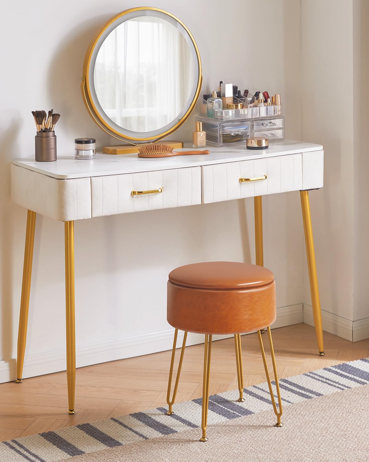 IBUYKE Faux Leather Round Footrest Stool with Storage, Light Brown WBD024J