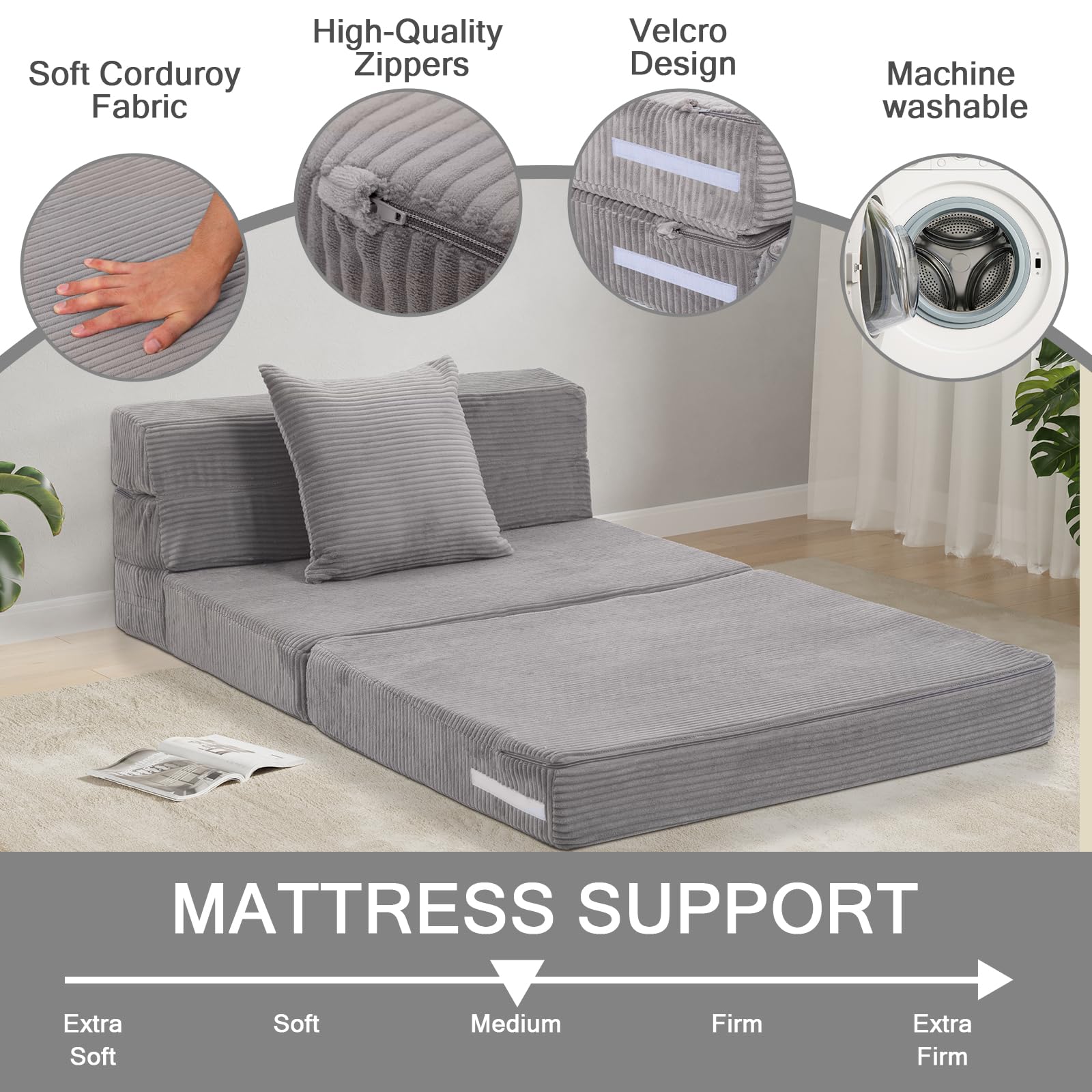 MeMoreCool Folding Mattress Single, Corduroy Fold Out Sofa Bed, Grey