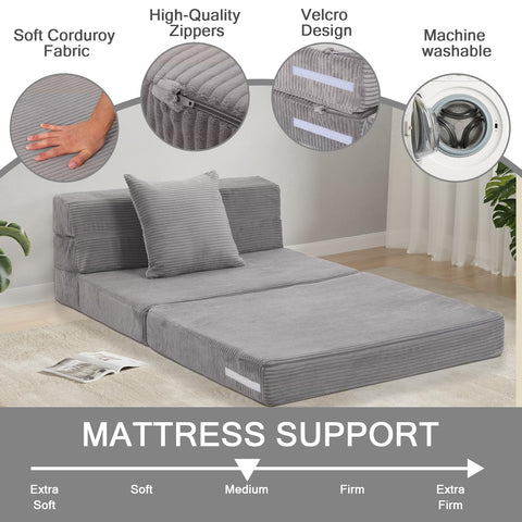 MeMoreCool Folding Mattress Single, Corduroy Fold Out Sofa Bed, Grey