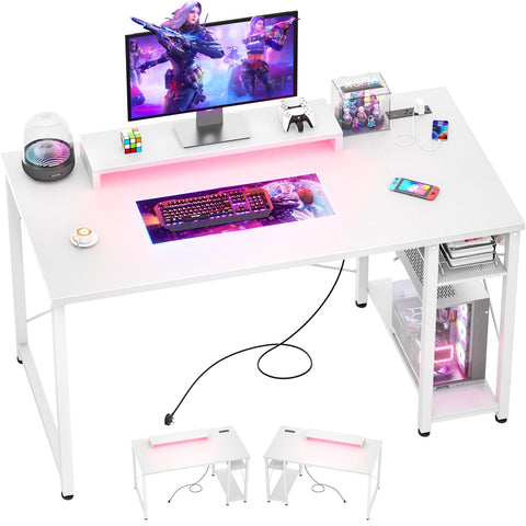 iSunirm Gaming Desk with LED Lights & Power Outlet, Reversible Computer Desk with Moveable Monitor Stand