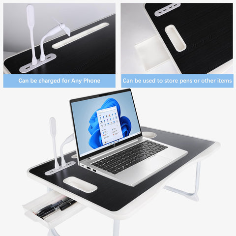 BIFZOIN Bed Table Laptop Desk,Foldable Portable Laptop Bed Table with USB Ports,Side Drawer,Desktop Card and Handle,Portable Tray for