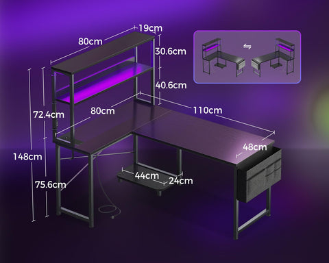 Coleshome L Shaped Gaming Desk with LED Lights & Power Outlet, Black
