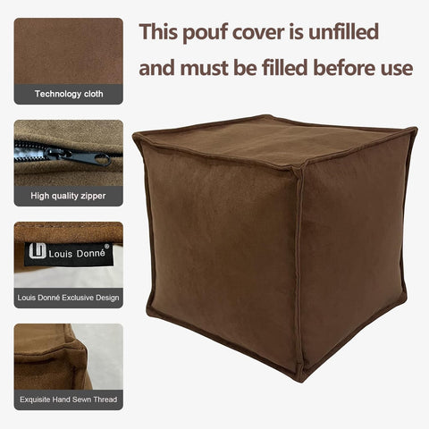 Louis Donné Unstuffed Square Microfiber Pouf Ottoman Cover Multi-Use Storage Foot Rest Stool Bean Bag Cushion for Living Room Bedroom Home Decor