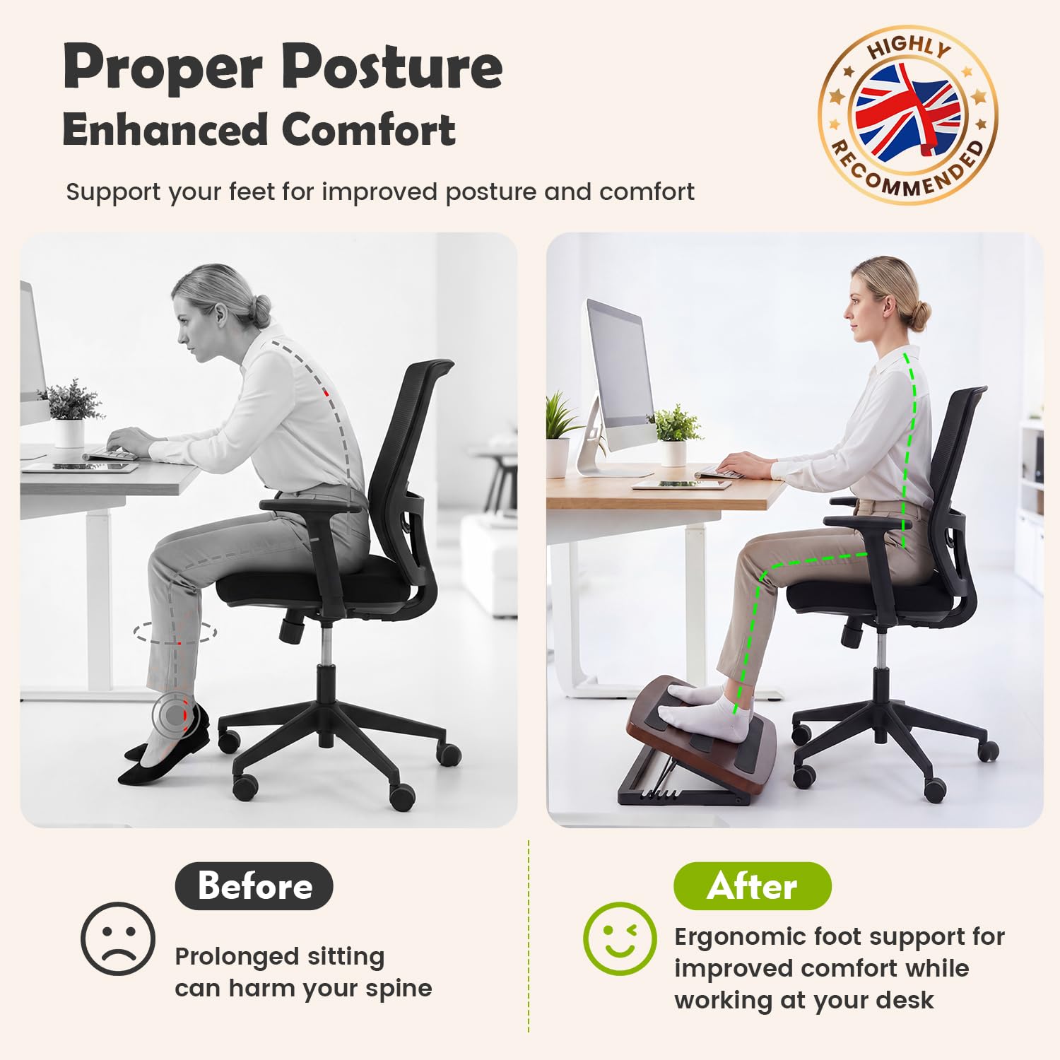 Adjustable Under Desk Foot Stool, Ergonomic Wooden Foot Rest with 6 Height Angles, Perfect for Office & Home Use, Walnut Finish