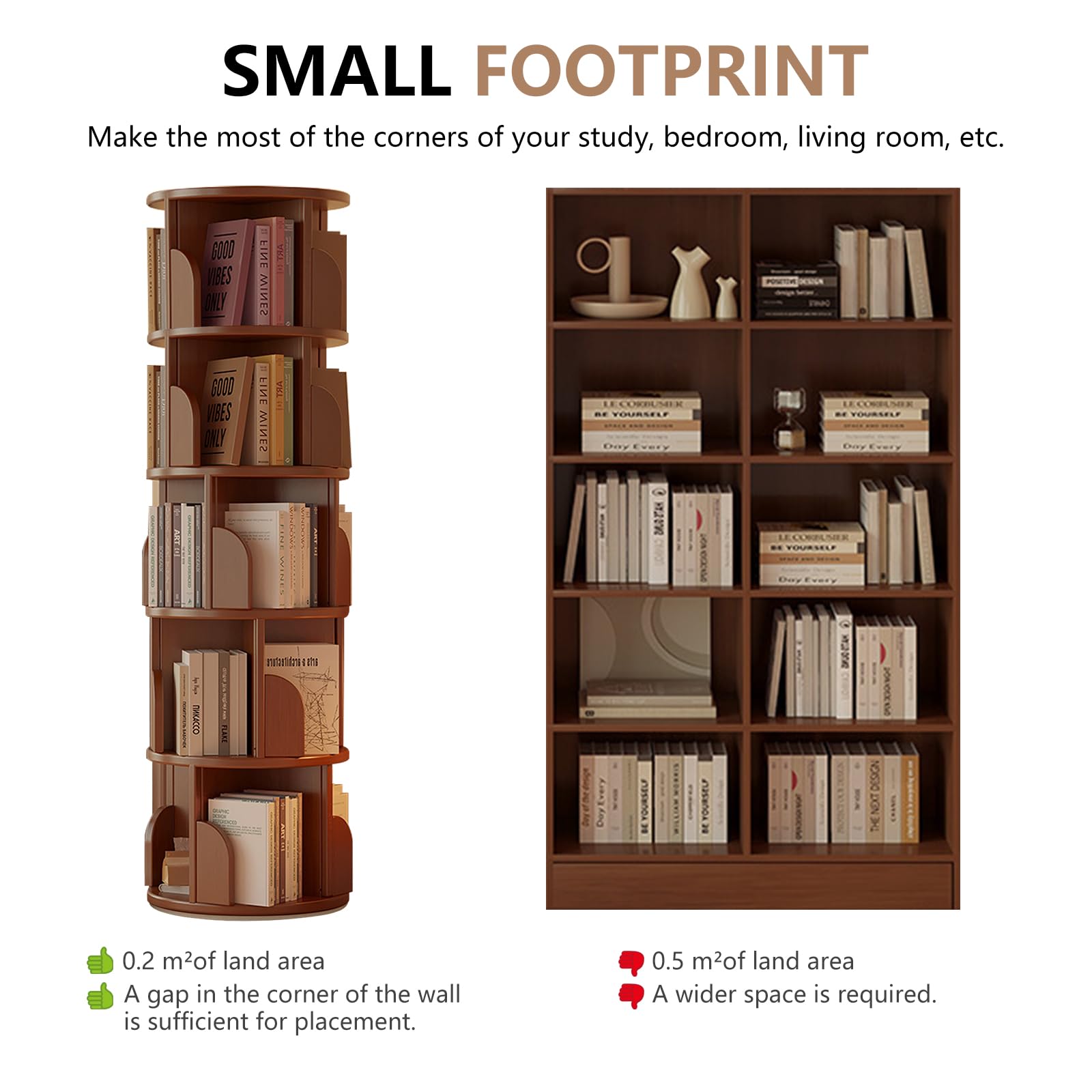 KZOBYD Rotating Bookshelf, Revolving Book Shelf (Brown, H 158 cm)