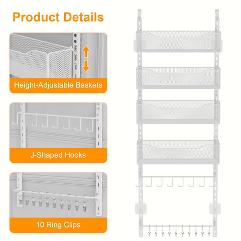 Over the Door Organizer, 2 in 1 Metal Hanging Closet Organizer & Hat Rack with 4 Adjustable Baskets, 8 Hooks, 10 Clips