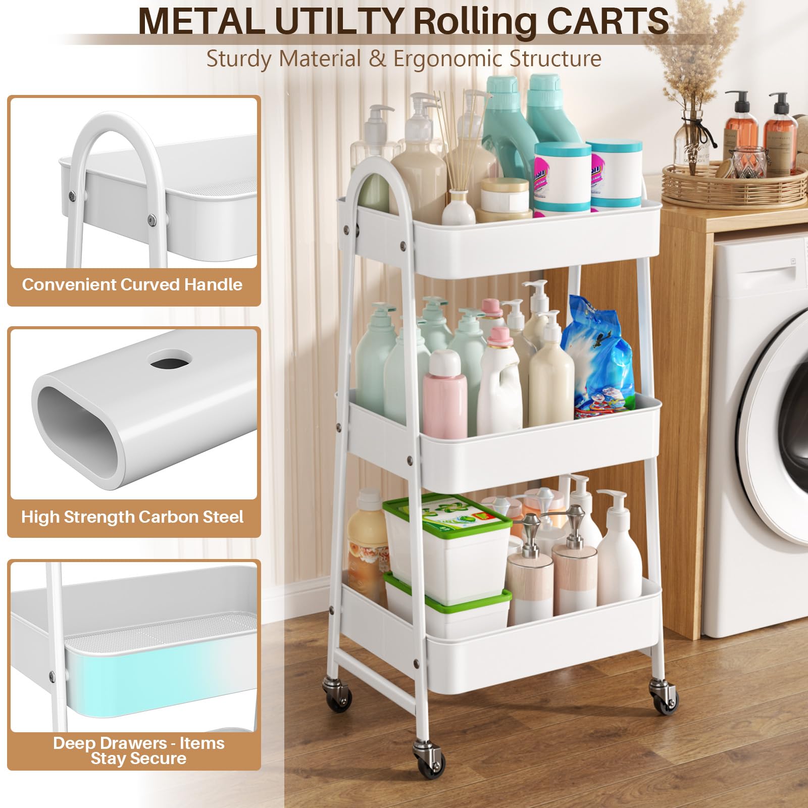 StowBin 3 Tier Metal Storage Trolley with Wheels – Rolling Utility Cart with Handle and Mesh Shelves for Kitchen, Bathroom, Office – White
