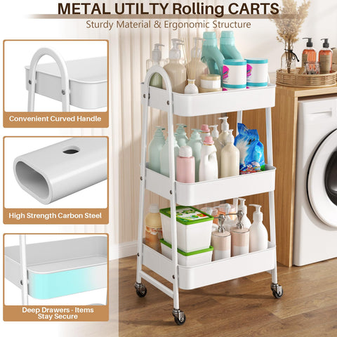 StowBin 3 Tier Metal Storage Trolley with Wheels – Rolling Utility Cart with Handle and Mesh Shelves for Kitchen, Bathroom, Office – White