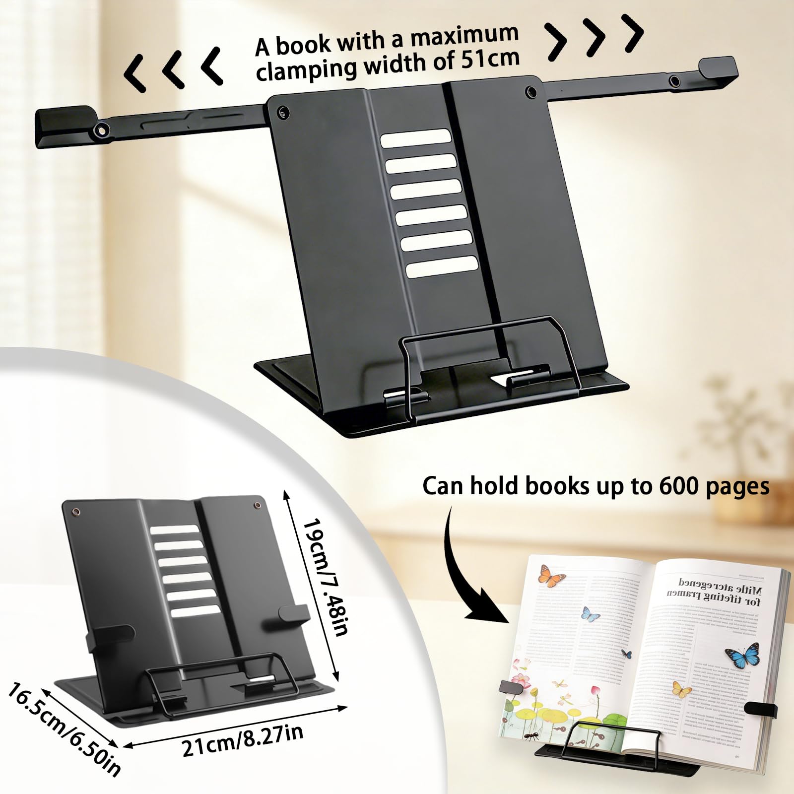 Senshuomy Adjustable Recipe Book Stand, Folding Cookbook Holder for Kitchen, School and Office Use, Reading Rest with Multiple Angles (Black)