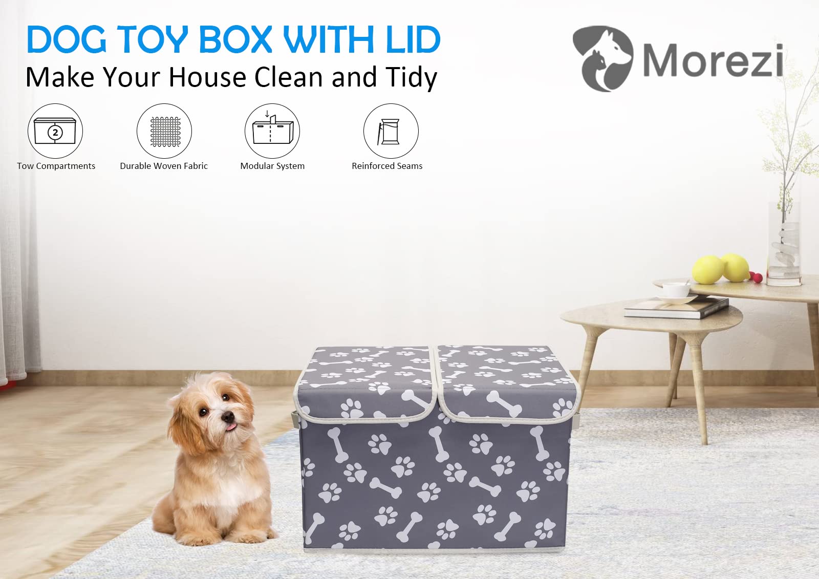 Pet Toy Storage Box with Lid Basket Organizer - Perfect Collapsible Bin for Living room, Playroom, Closet, Home Organization - Bone Paw