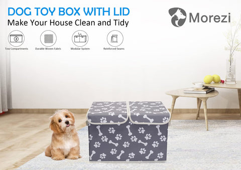 Pet Toy Storage Box with Lid Basket Organizer - Perfect Collapsible Bin for Living room, Playroom, Closet, Home Organization - Bone Paw