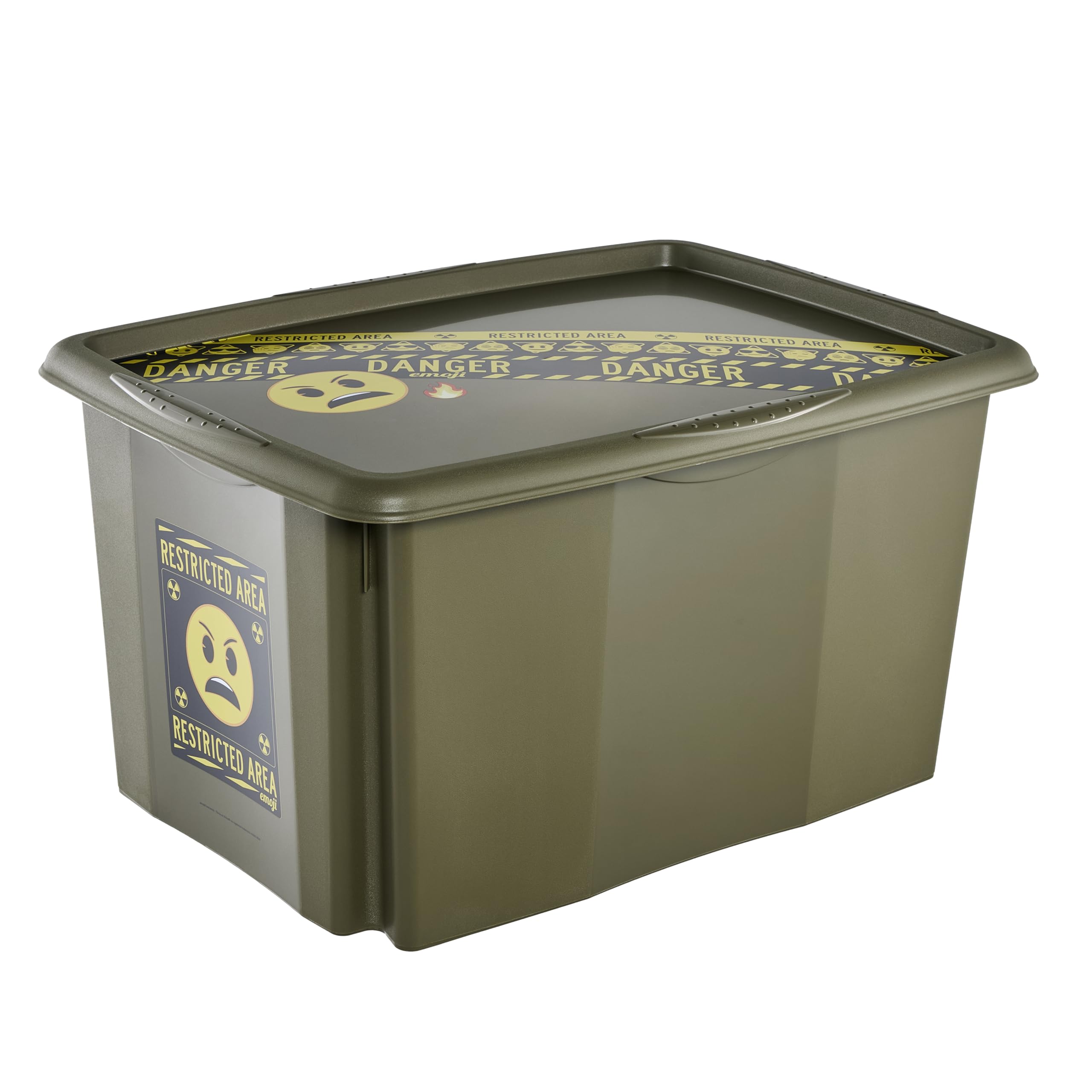 keeeper karolina storage box with lid, 45 l, stackable and nestable, Emoji Danger design, For children, Olive green (Olive)