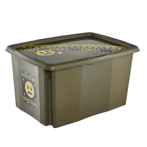 keeeper karolina storage box with lid, 45 l, stackable and nestable, Emoji Danger design, For children, Olive green (Olive)