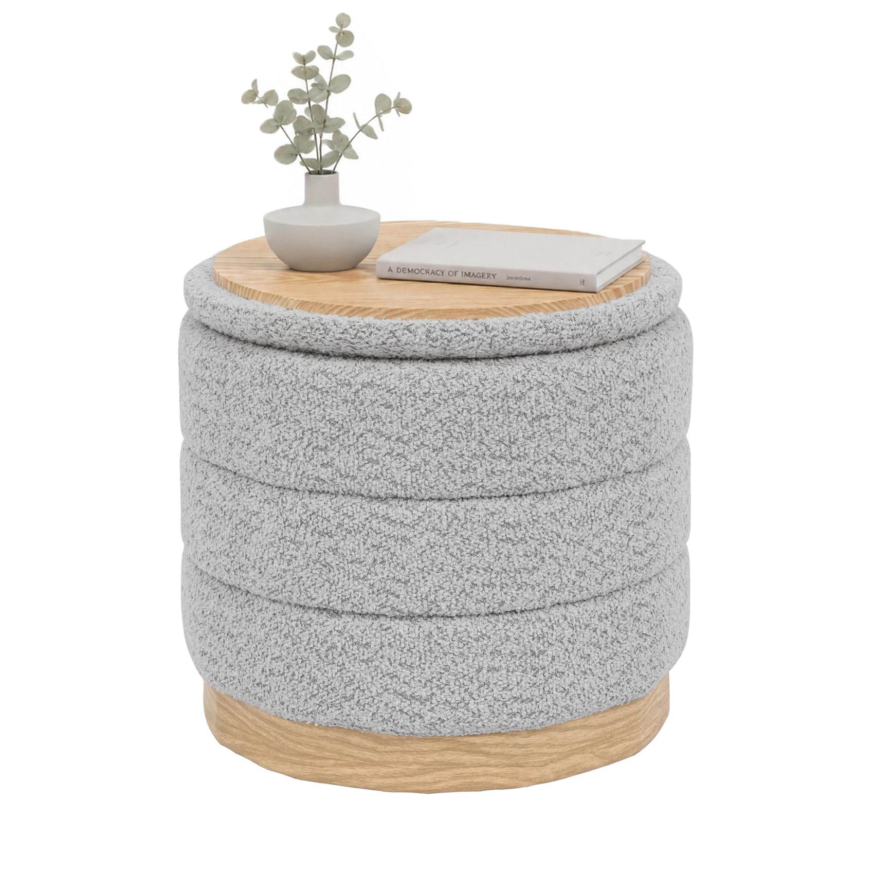Bonlife Round Chenille Storage Ottoman, Folding Footstool with Table Top, 39X39X37cm, Load Capacity 120kg, for Living Room Bedroom Hallway