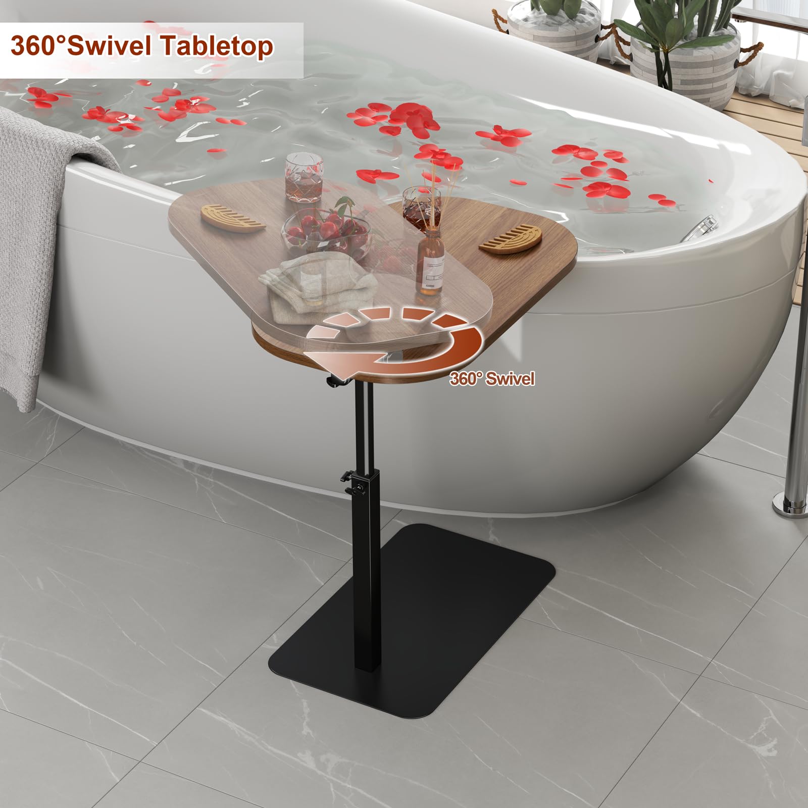 YUTVCZO Solid Wood C Shaped Side Table Adjustable Height,360°Swivel Side Table for Sofa and Bed