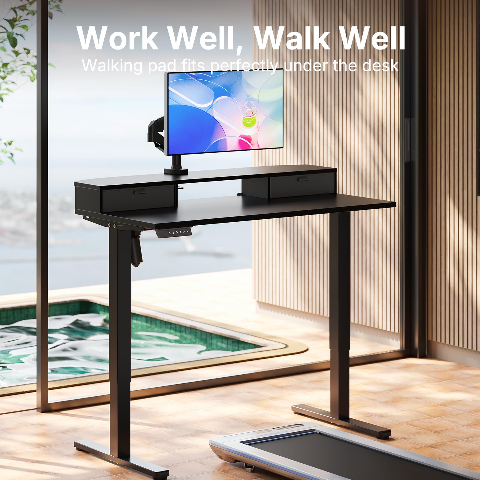 HUANUO Standing Desk with Drawers, 100x60cm, Black